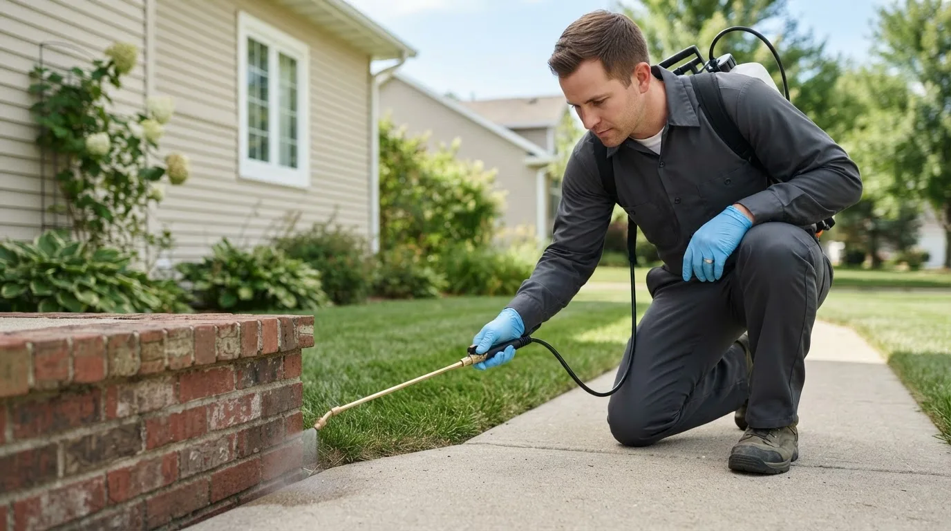 Pest control technician treating a home near Wayside, TX